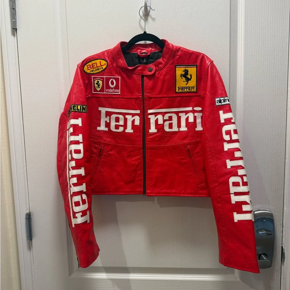 Handmade Vintage Ferrari Racing Vegan Leather Crop Jacket Red Formula1 Size XS/S - Picture 2 of 6